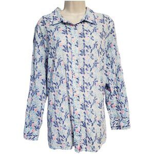 Talbots Button Down Shirt Women's 2X Plus Blue Floral Ferns Cotton Long Sleeve